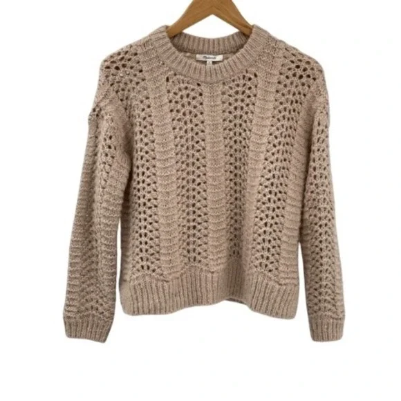 Madewell Sweater Windemere Pointelle Women XS Tan Alpaca‎ Wool Open Knit Boxy