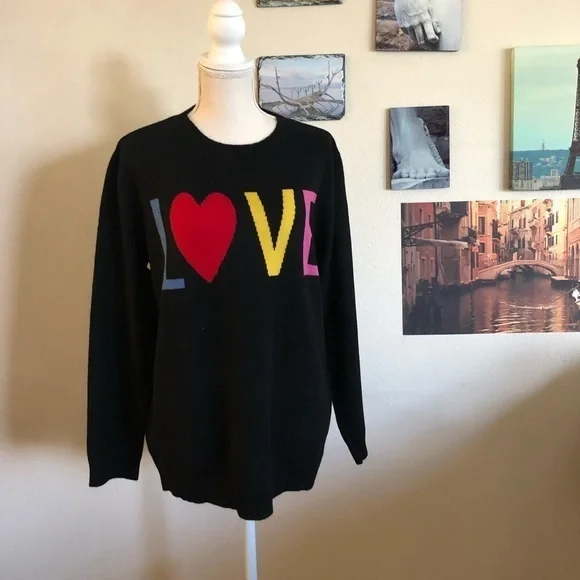 Neiman Marcus LOVE black crew neck cashmere sweater with rainbow graphic, Sz. L