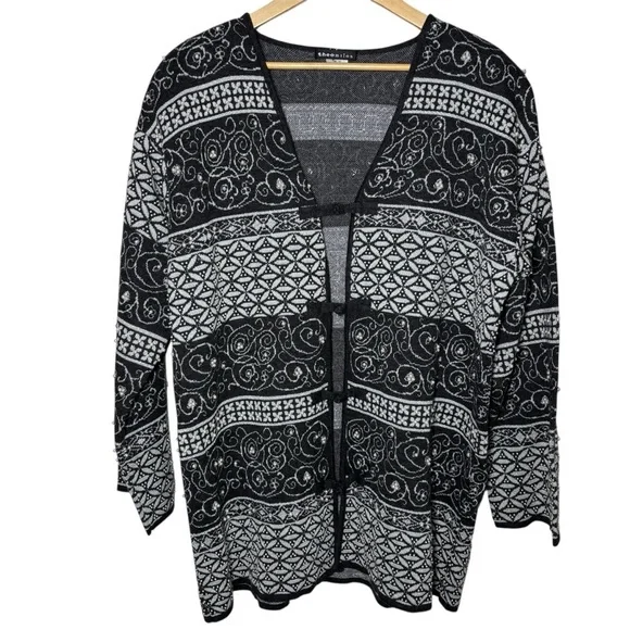 VTG Theo Miles Knit Long Cardigan Sweater 1X Gray Wool Blend Pearl Granny Jacket