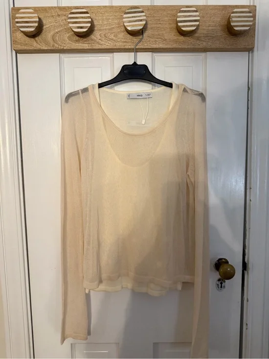 Mango Beige Sheer Long-Sleeve Scoop Neck Top