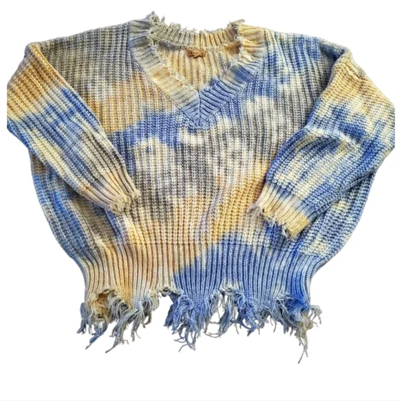 Main Strip Tie Dye Distressed v neck sweater L NEW