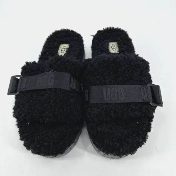 UGG FLUFFITA SLIDE shoes flatform curly sheepskin plush platform sandal black 9