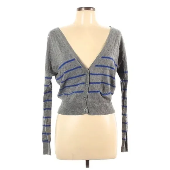 Vintage Y2K AEO American Eagle Cardigan Sweater L Gray Blue Striped Preppy Layer