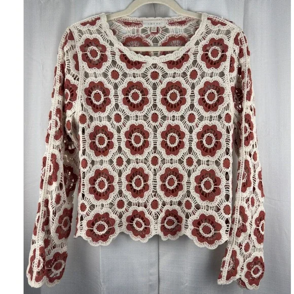 Adiva Crochet Knit Floral Sweater Rust Orange Cream Boho Long Sleeve Top Small