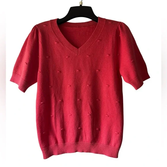 Light Red V-Neck Short Sleeve Sweater