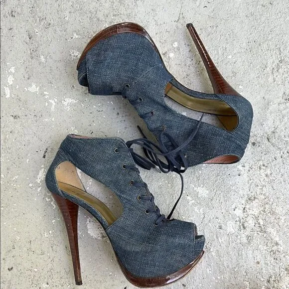 Stuart Weitzman, antique denim lace up platforms