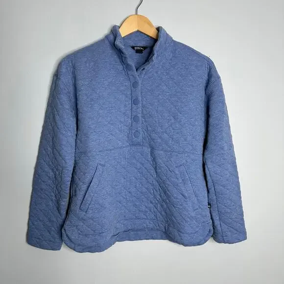 Eddie Bauer Quilted Pullover Womens S Blue EUC Snap Neck Mock Kangaroo Pocket