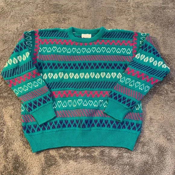 Vintage 90s Jantzen Teal Pink Heart Knit Sweater Embroidered‎ wmns Medium