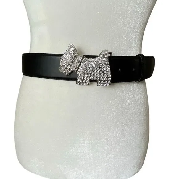 Rhinestone Dog Westie Scottie Black Leather Belt