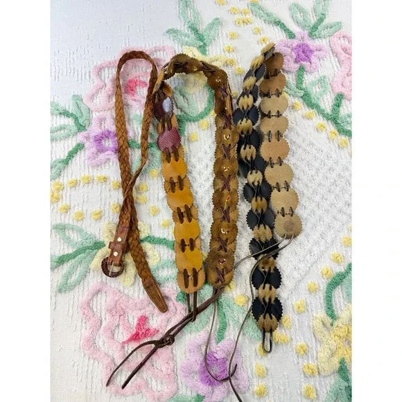 Boho 60 s Leather Beaded Fur‎ Belt Set 3 Women's Western Hippie Accessories