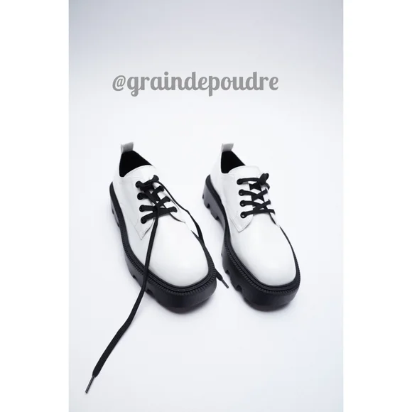 Rare! Zara White Vegan Leather Rugged Platform Heel Creeper Oxfords 38 7.5