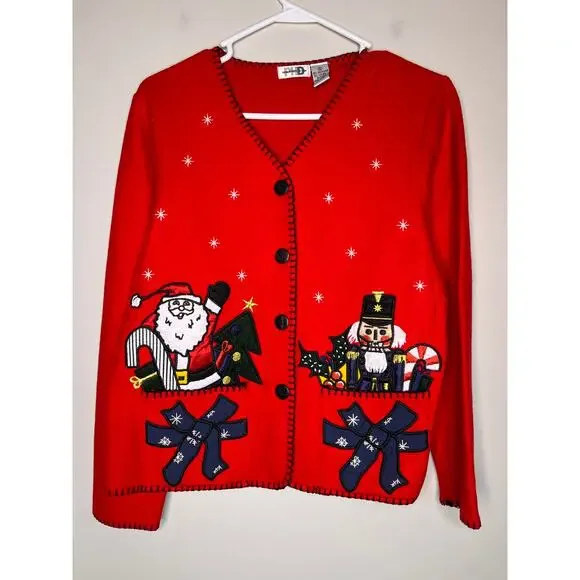 1990s Paul Harris Design Christmas Nutcracker Santa Felt Flannel Cardigan S