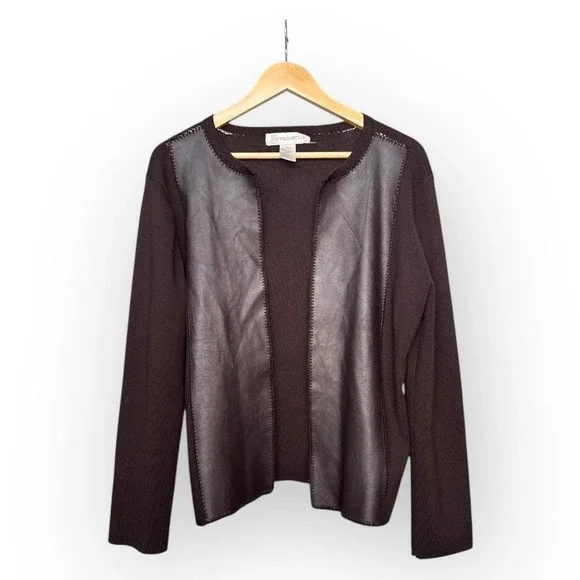 VTG‎ Y2K Leather Silk Cardigan Jacket L Chocolate Brown 90s Luxe Y2K Elyse Hart
