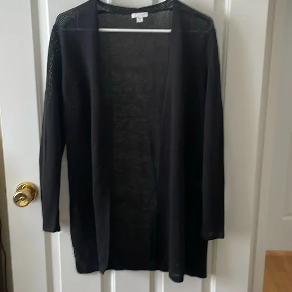 J. Jill long cardigan. Black. Classy. Slit at sides. Medium petite. Like new