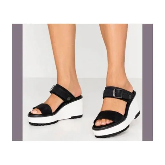 TIMBERLAND Women Platform Size 8 Black Koralyn Buckle Wedge Leather Sandals