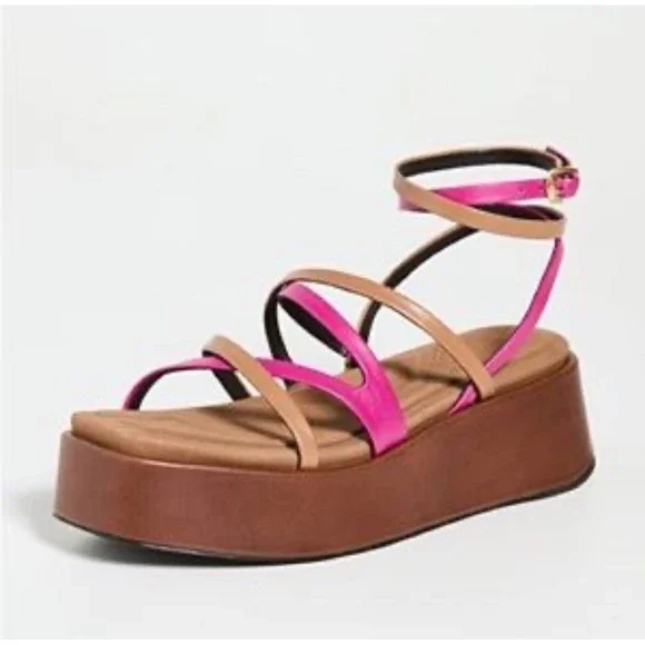 Rag & Bone Strappy Platform Sandals‎ Pink Tan Leather Ankle Strap Square Toe