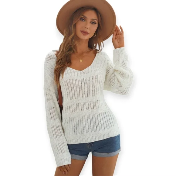 Pink Lily Women White Long Sleeve V Neck Loose Open Knit Sweater sz 2xl