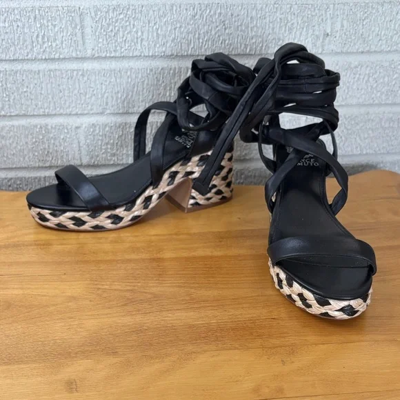 Vince Camuto Roreka Black Leather Platform Strappy Sandals Size 7.5 Raffia Heel