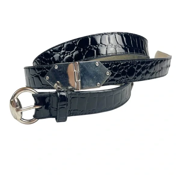 Chico’s Black Embossed Patent Leather Belt Silver Accents