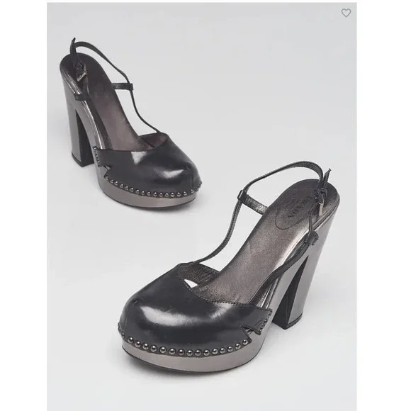 Prada Platform Slingback Heels Womens Black Gunmetal Good Studded Block Heel 38
