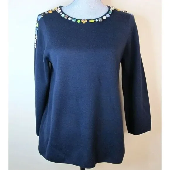 J. Crew‎ Sweater Women's Medium Blue Jeweled Merino Wool Blend Pullover