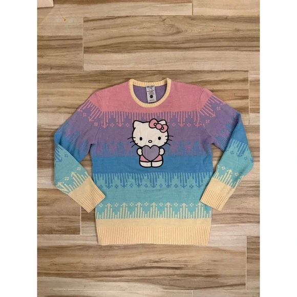 BoxLunch Sanrio Hello Kitty Pastel Rainbow Knit Sweater Heart Graphic Large