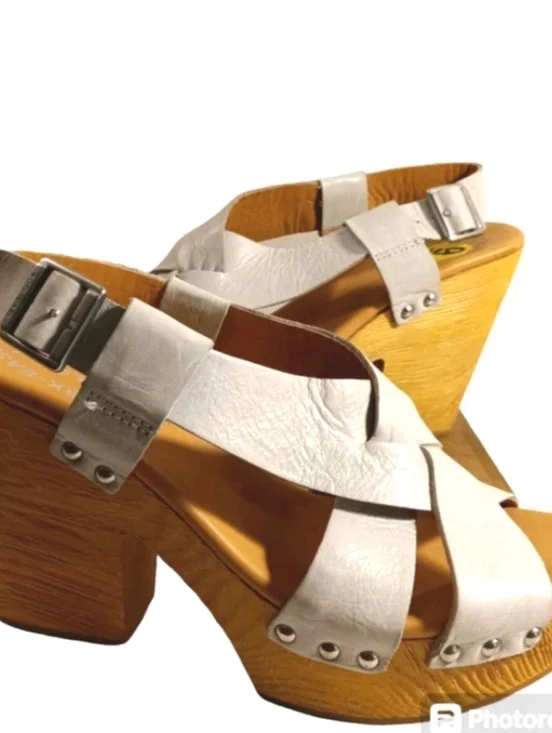 Kork-Ease Womens Constance Green Leather Retro Stacked Platform Heels Sz 9