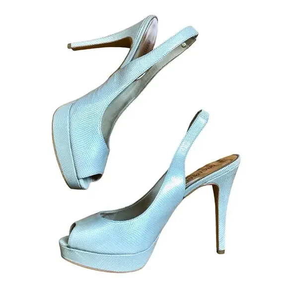 MICHAEL KORS Metallic White Leather York Sling Back Platform Heels Size 7.5