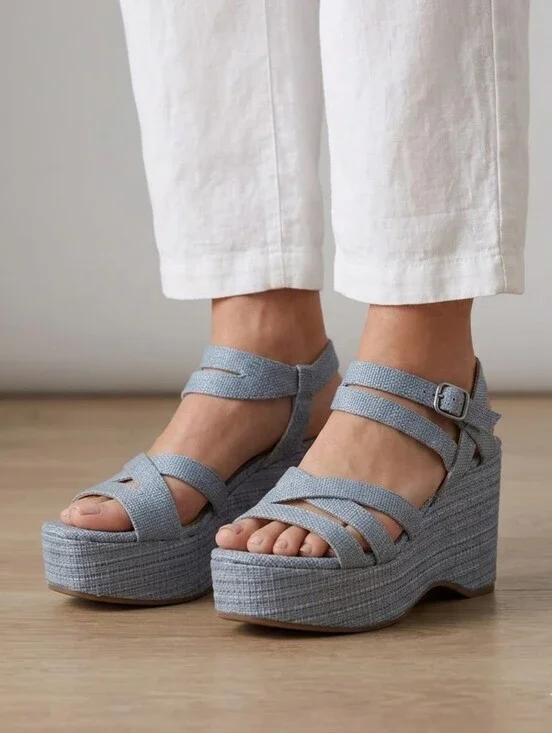Lucky Brand LK-Carlisha Gray Blue Lead Vada Woven Platform Wedge Sandals 7.5 NIB
