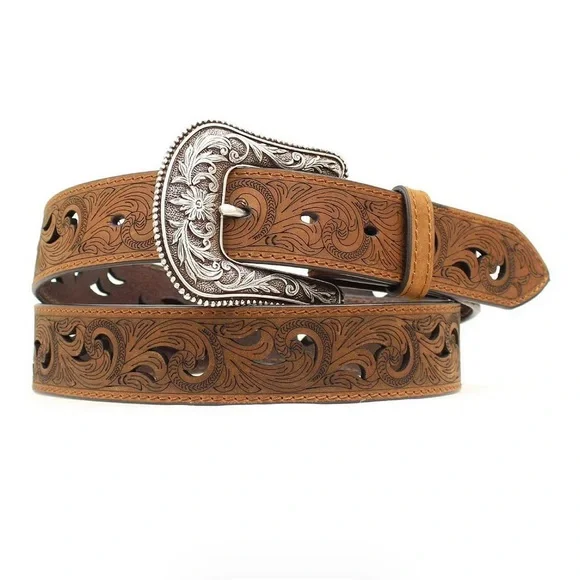 🤠 Ariat Women’s Tooled Leather Western Belt with Decorative Silver Buckle - Tan