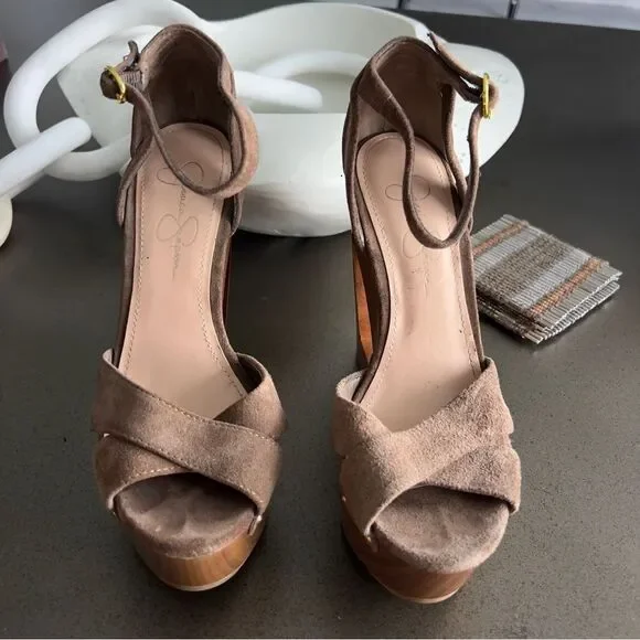 JESSICA SIMPSON Nikki Coffee Veronica Suede Wedge Heels Size 37B