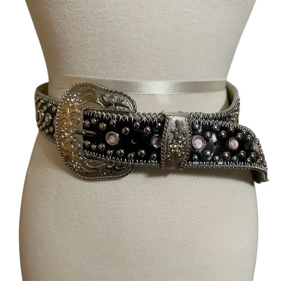 Leather Studded Black Western Belt with Pink Gem Accents