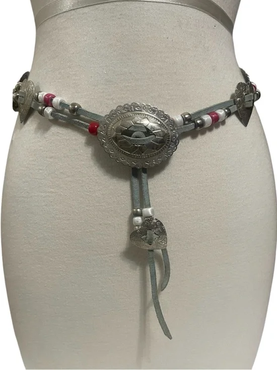 Western Boho Silver Heart & Oval Concho Suede Beaded Waist Chain Belt