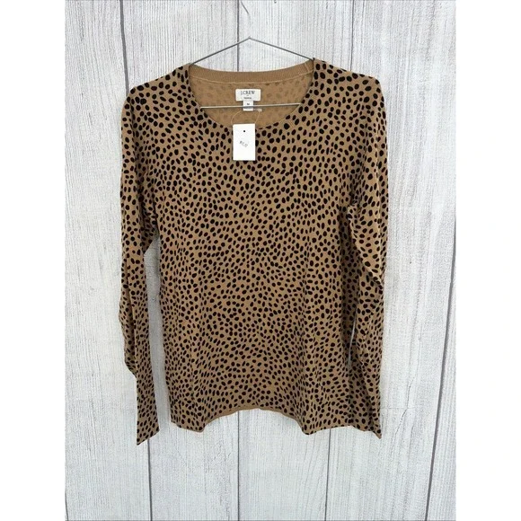 J Crew Teddie Sweater Womens MEDIUM Cheetah Leopard Animal Crewneck 100% Cotton