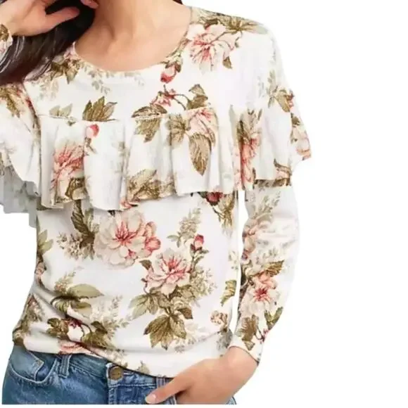 Harlyn Anthropologie Ritchie Floral Ruffled Sweater Size XS