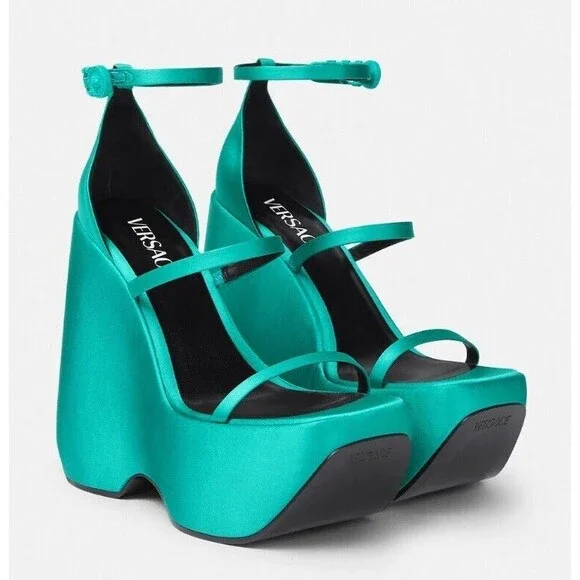 Versace Satin Three Strap Platform Wedge Sandal Heels In Emerald Green Sz 37 1/2