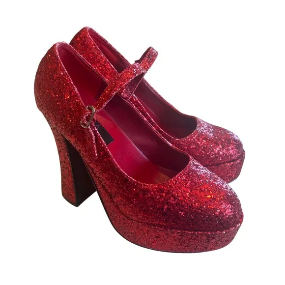 Pleaser Red Glitter Mary Jane Platform Heels Chunky Block Heel Ruby Sparkle Sz 7