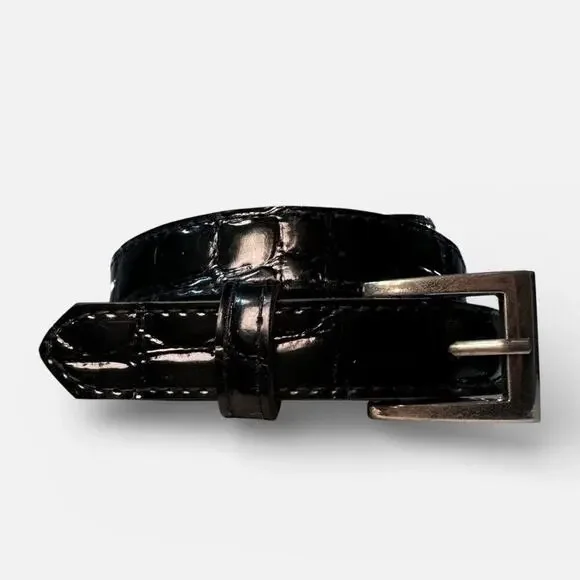 Black Faux Patent Leather Alligator Print Belt with Silver Buckle 36.5 in