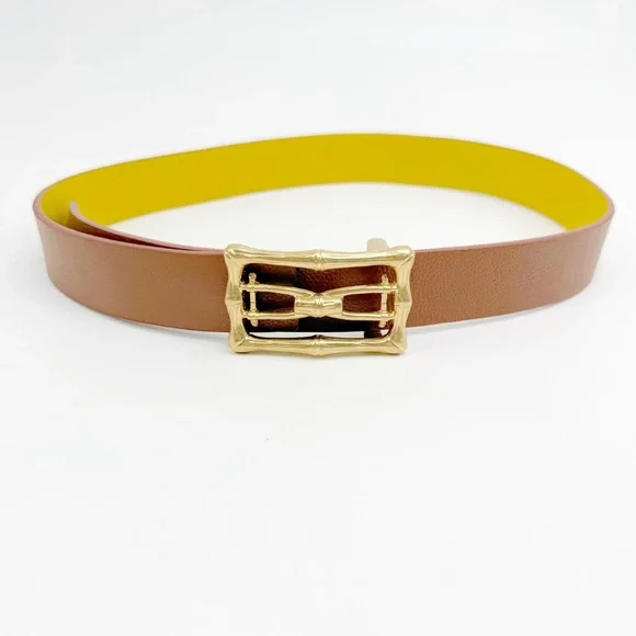 Reversible Yellow & Camel Belt With Oversized Gold Bamboo Buckle
