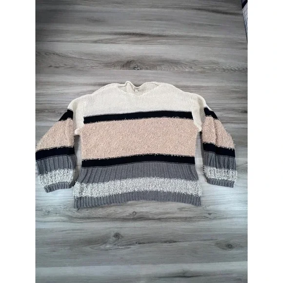 Umgee USA Striped Knit Sweater WMNS S Neutral Colors Cropped boho FallFashion‎