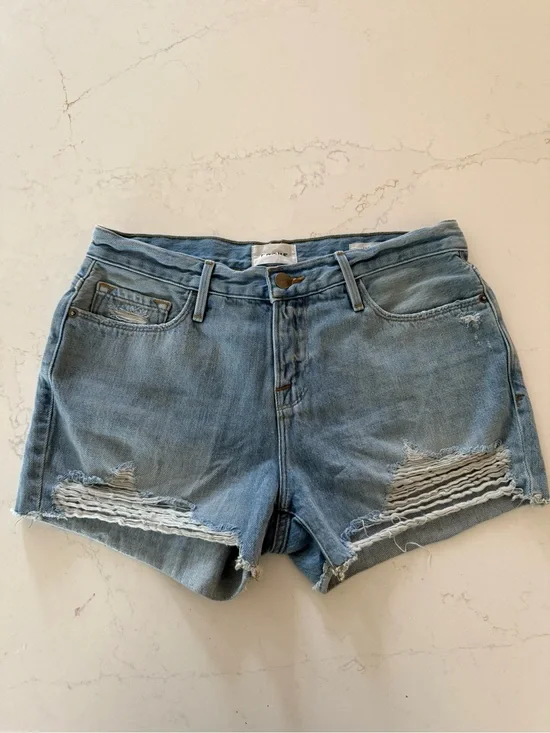 Frame Denim Light Blue Distressed Denim Shorts