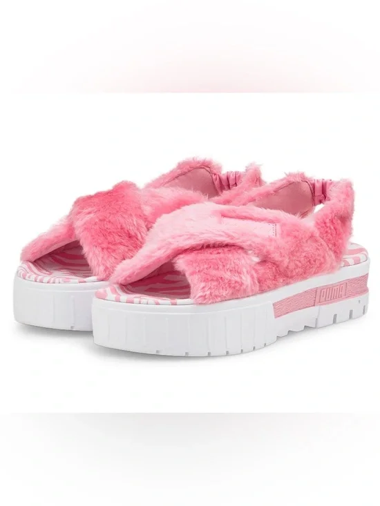 Puma Fuzzy Pink Platform Slides US 6.5 | Y2K Chunky Sandals Faux Fur Bratz