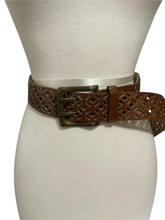 Boho Brown Laser-Cut Faux Leather Belt with Brass Buckle