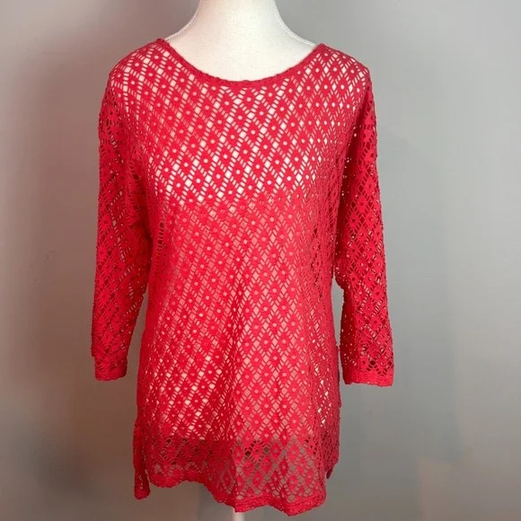 Chicos Womens Open Knit Crochet Pink Tunic Beach Sweater sz 1 (MED) Resortwear