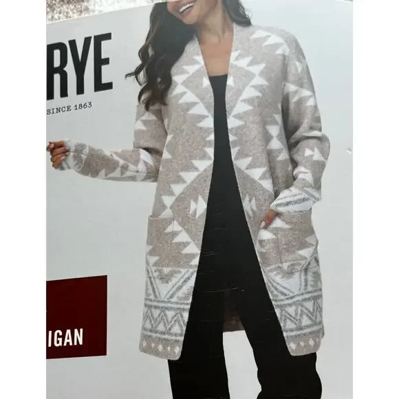 Frye Cozy Cardigan Southwestern Aztec Print Open Front NWT Tan White