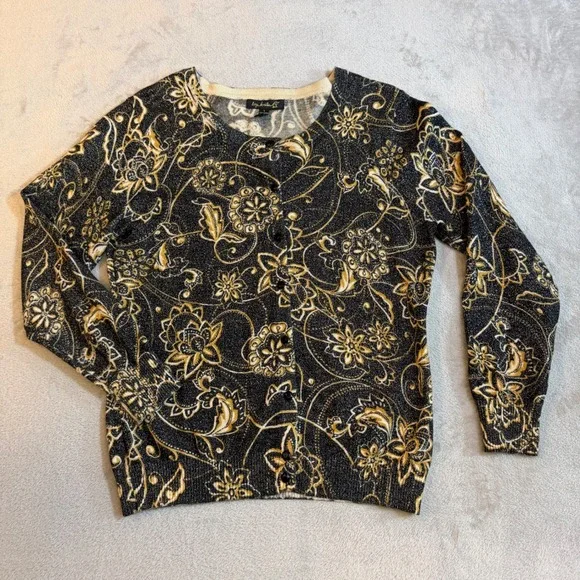 Whimsygoth Womens Metallic Floral Paisley Cardigan Sweater Black Gold Silver‎ L