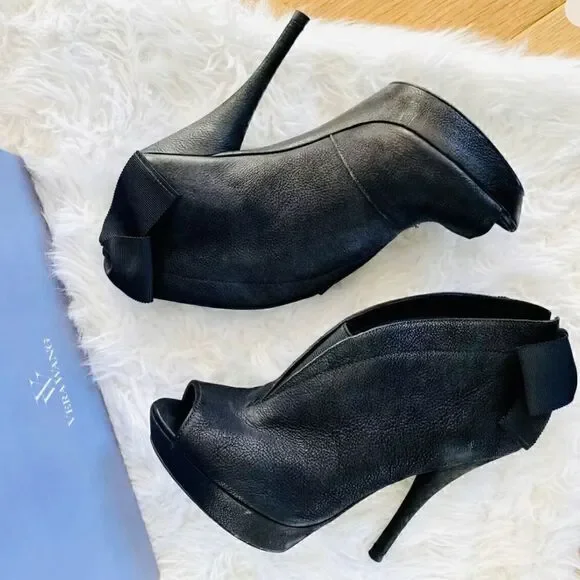 Vera Wang Black Peep Toe Stiletto Booties with Bow - Size 8.5M