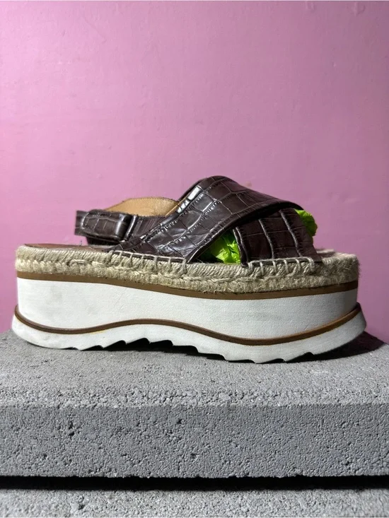 Jeffrey Campbell Brown Croc-Embossed Platform Espadrille Slides