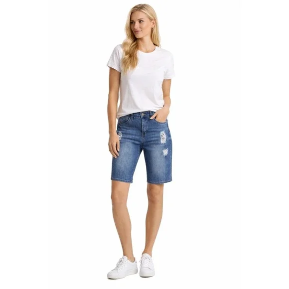 !iT Jeans Long Rider Bermuda Shorts Womens 8 Blue Distressed Denim Good
