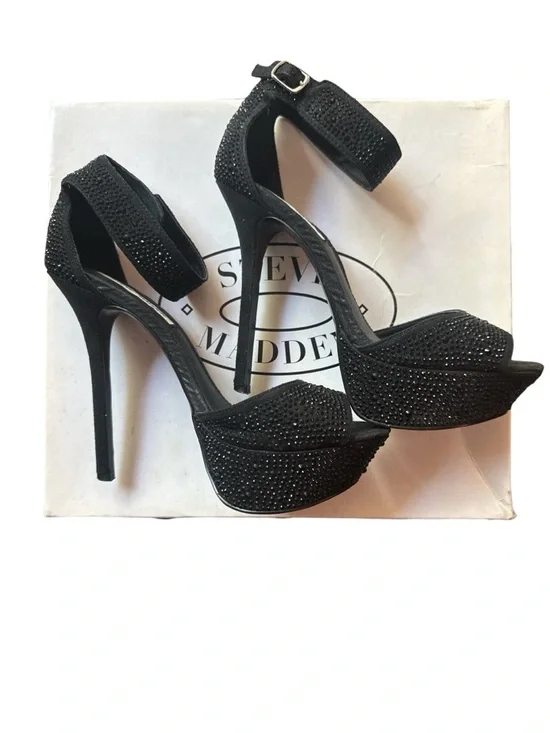 Steve Madden Black Rhinestone Crystal Platform High Heel Sandals Glam Y2K Party